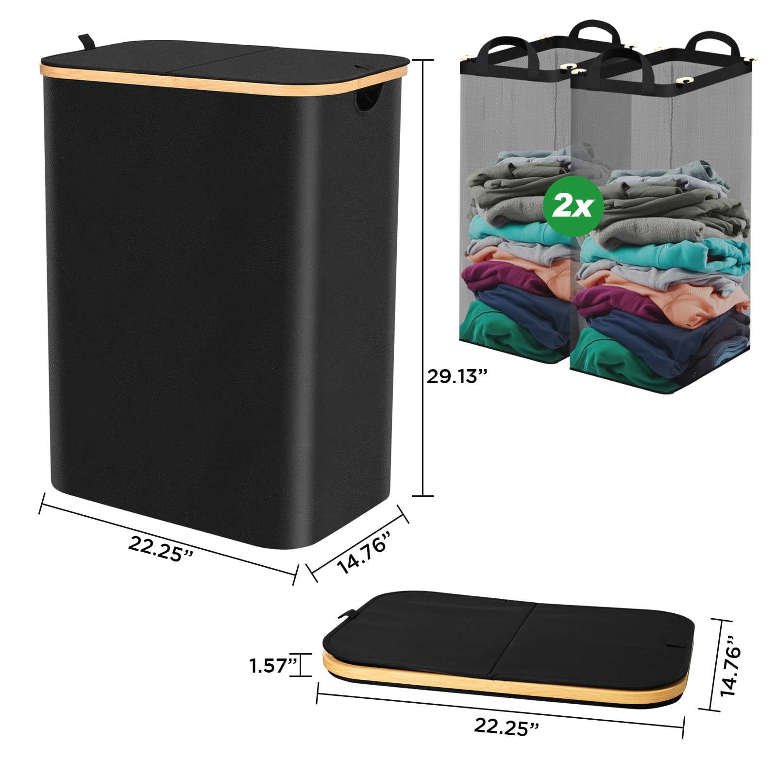 Laundry Hamper with Lid,160L Large Laundry Basket with Removable Inner Bag, Collapsible Dirty Clothes Hamper with Handle for Laundry Room,Bedroom, Black