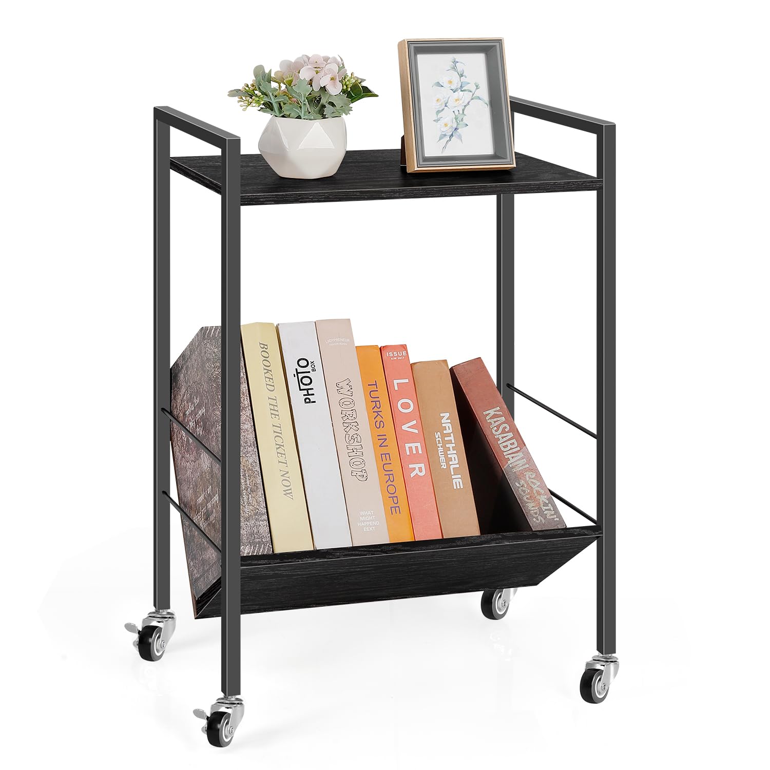 MOOACE End Table, Side Table, Printer Stand with Wheels, Nightstand, 2-Tier Storage Shelf, Bedside Sofa Table for Small Space, Living Room, Bed Room, Black