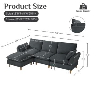 Wrofly L-Shaped Sectional Sofa Couch, 94" Comfy Chenille Deep Seat Cloud Couch with Convertible Ottoman & 2 Pillows, Modern Oversized 3 Seater Sleeper Sofa Set for Living Room Office, Dark Grey