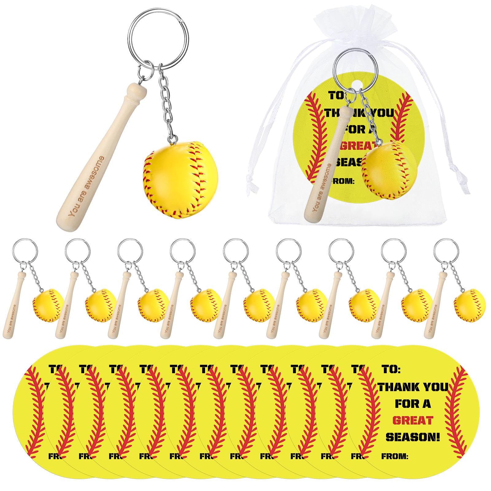 Fumete 12 Set Sports Party Favors Sports Keychain End of Season Team Gifts Thank You Cards Organza Bags Sports Party Supplies(Softball)