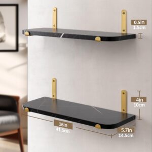 Afuly Black Floating Shelves for Wall, Gold Shelf for Home Decor, 16 inch Wall Mounted Shelves for Living Room Bedroom Bathroom, Modern Luxury Storage Display Marble Shelf