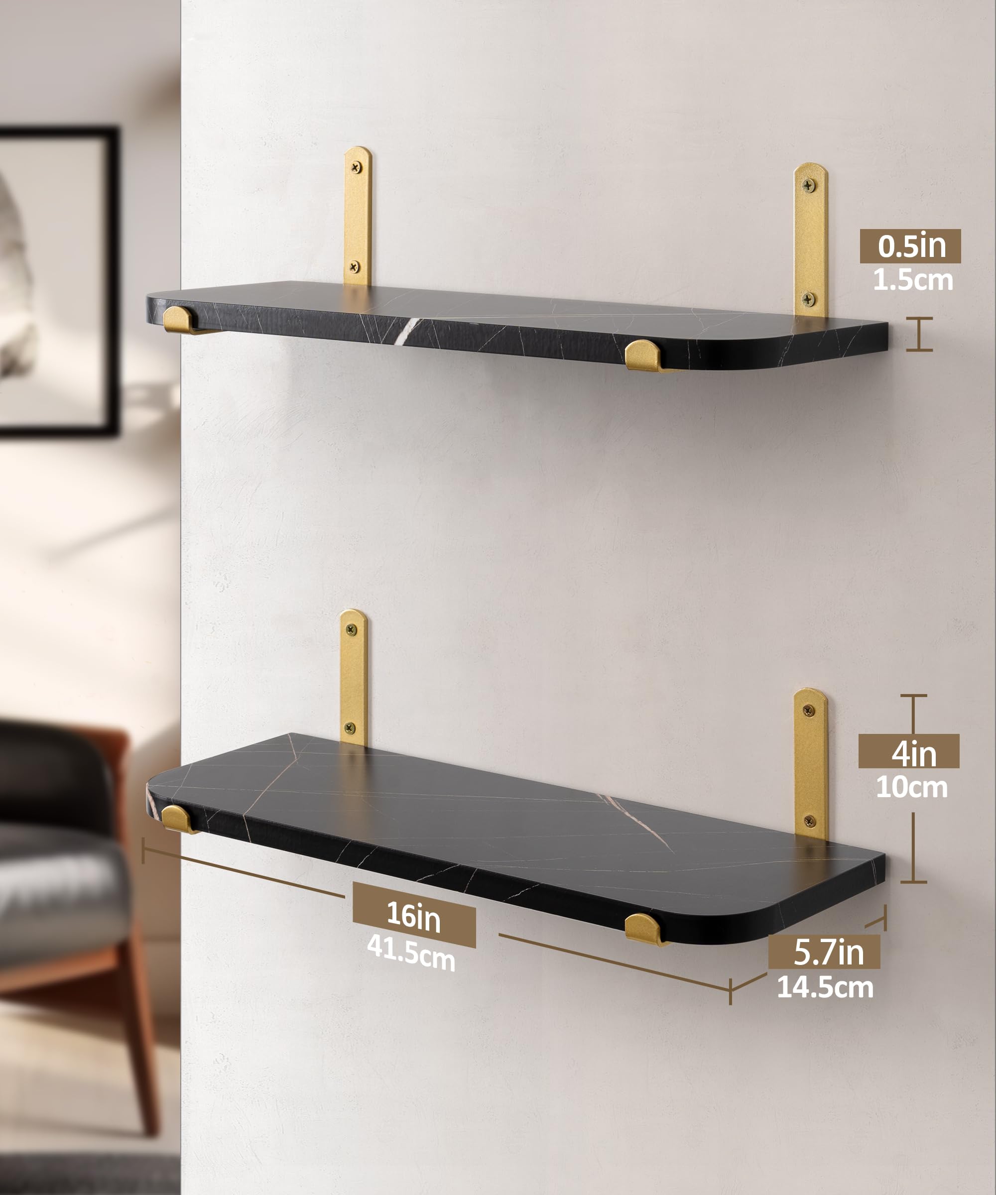 Afuly Black Floating Shelves for Wall, Gold Shelf for Home Decor, 16 inch Wall Mounted Shelves for Living Room Bedroom Bathroom, Modern Luxury Storage Display Marble Shelf