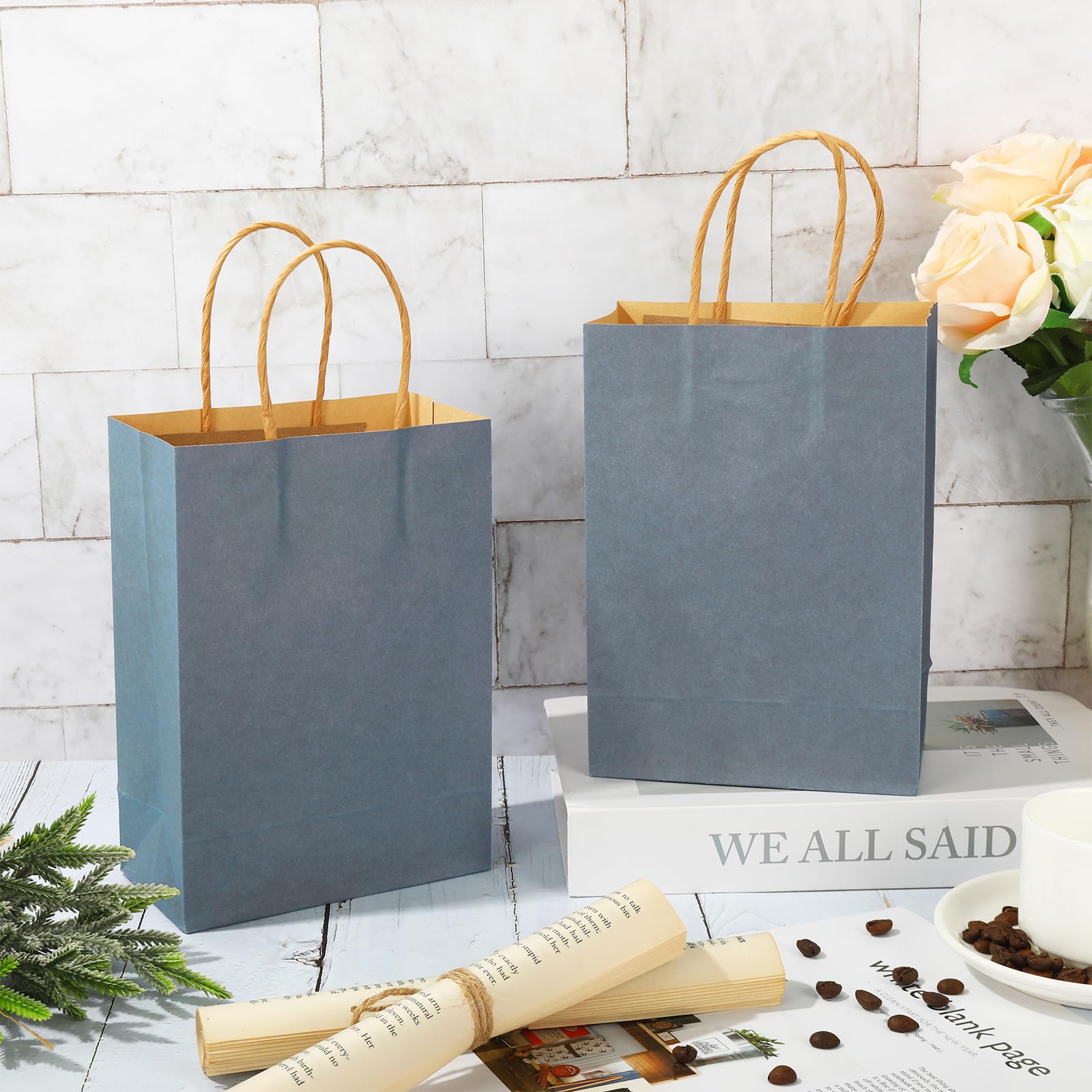 Whaline 24Pcs Kraft Paper Bags Calming Blue Gift Bags with Handles Candy Goodie Treat Bags Grocery Shopping Bags for DIY Crafts Baby Shower Birthday Wedding Party Supplies, 5.9x3.1x8.3inch