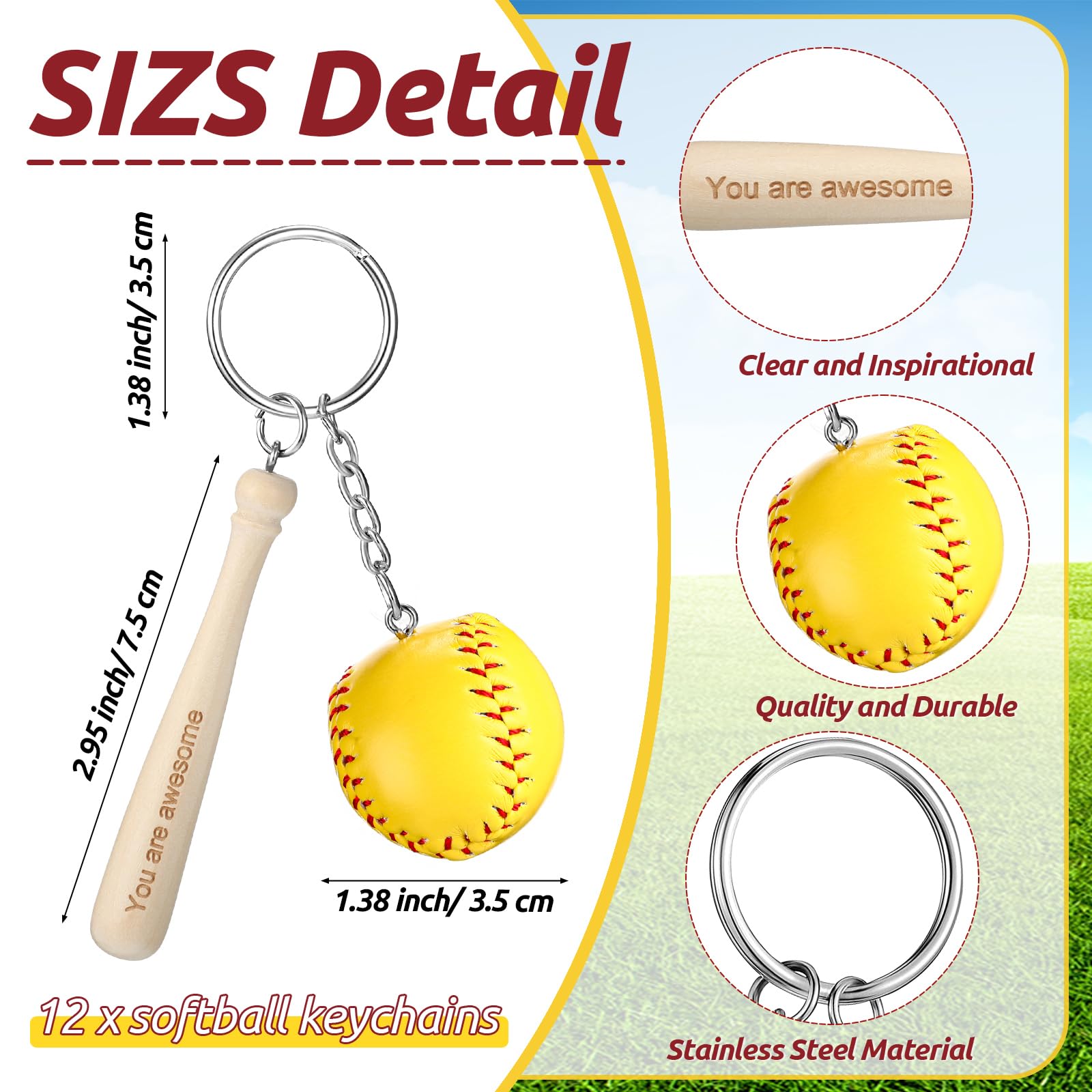 Fumete 12 Set Sports Party Favors Sports Keychain End of Season Team Gifts Thank You Cards Organza Bags Sports Party Supplies(Softball)