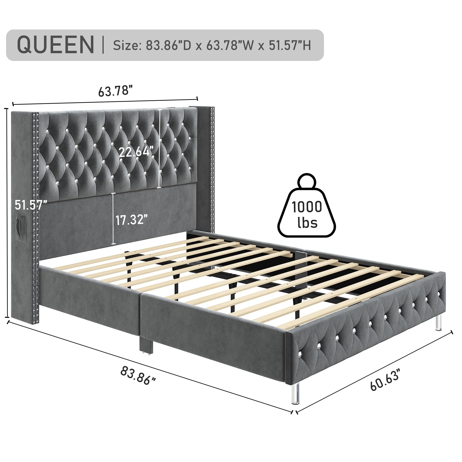 Hlivelood Queen LED Upholstered Bed Frame with Wingback Headboard, Velvet Diamond Button Tufted Bed Frame w/USB&Type-C Ports, Pocket and LED Lights, Wood Slats Support, No Box Spring Needed, Dark Grey