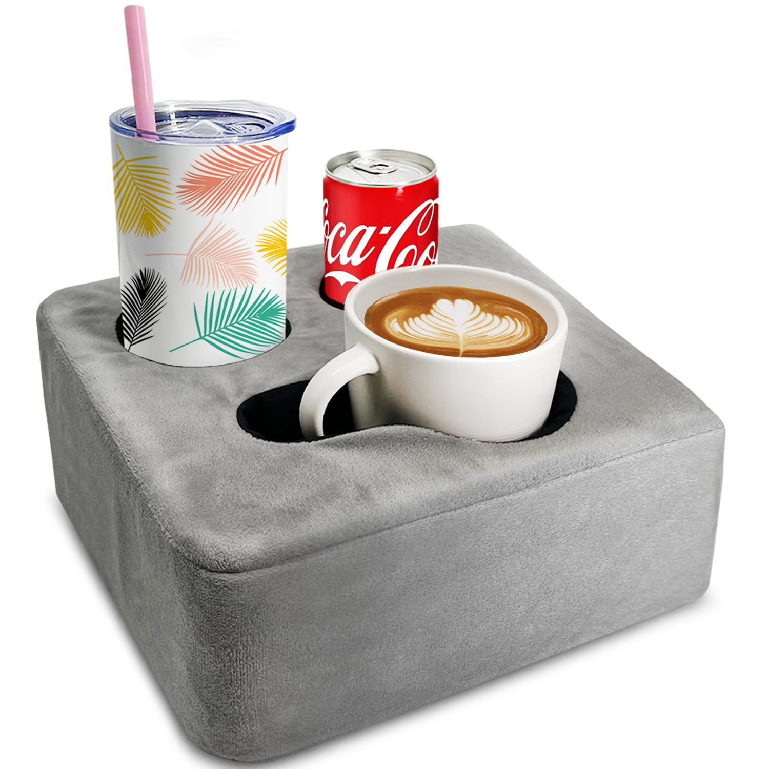 Couch Cup Holder Pillow, Nisdoing Couch Cup Holder Tray! Keep Your Drinks Hand Side and KeepTemp, Prevent Spills and Use Anywhere. Cup Holder for Couch, Bed, Man Cave, Car, Park, Beach. Grey