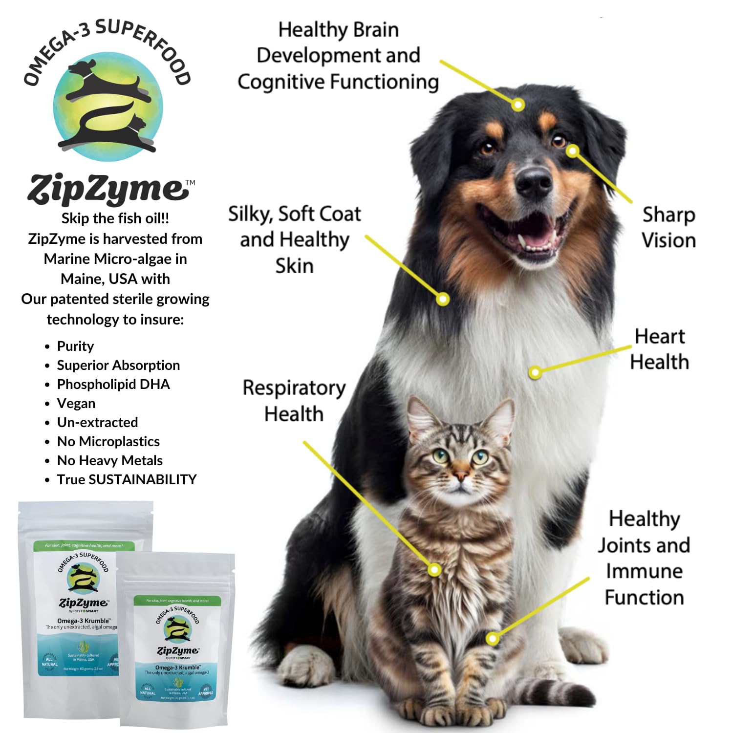 ZipZyme™ Omega-3 KRUMBLE (60g) for Pets. Phospholipid DHA Promotes Joint, Skin, Coat, Heart and Immune Health. Supports Cognitive Brain Health for Puppies, Kittens & Senior Pets. Made in Maine, USA…