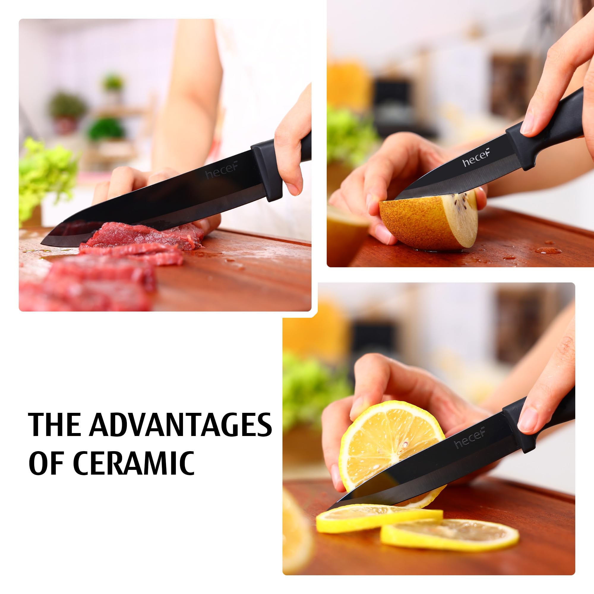 hecef Ceramic Knife Set 3-Piece, include 6'' Chef's Knife, 4'' Utility Knife and 3'' Paring Knife, Black Ceramic Knives for kitchen - Sharp Knife Never Rust Blade