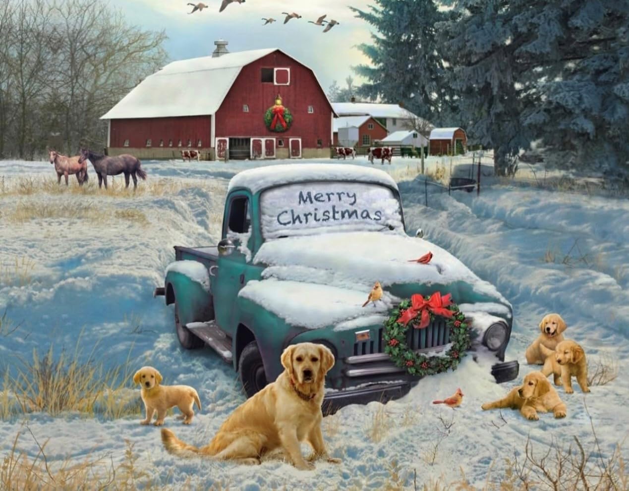 Christmas at The Barn Fabric Panel 35.5x44" David Textiles for Foust Truck and Puppies Merry Christmas