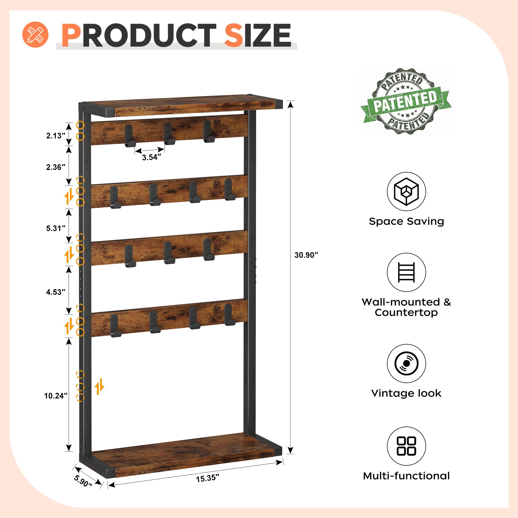 Homeiju 14-Hook Large Coffee Mug Holder for Countertop/Wall Mounted,4 Tier Coffee Cup Holder with Top & Bottom Storage Shelf,Adjustable Hook & Shelves,Mug Tree for Home Bar,Coffee Station