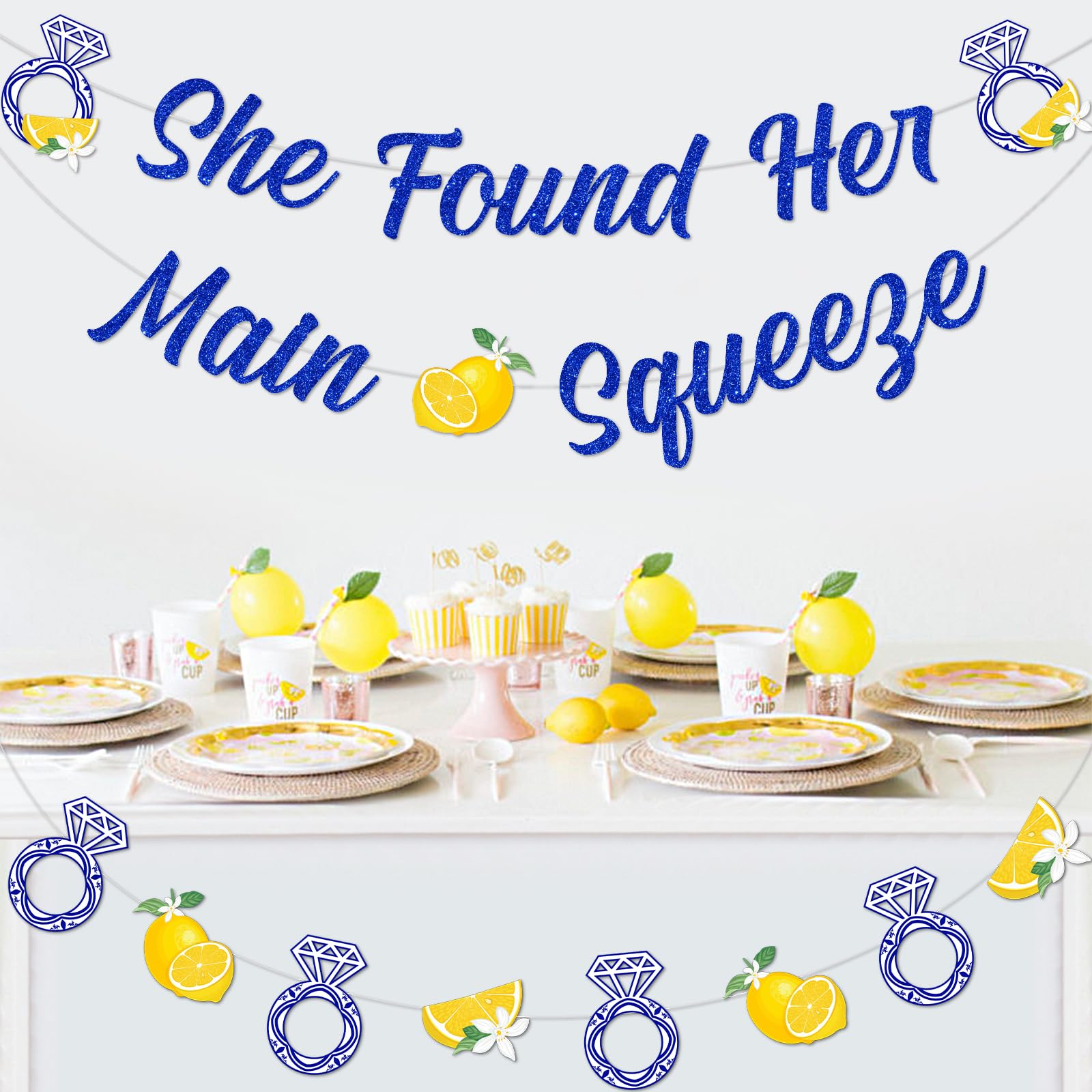 Lemon and Blue Bridal Shower Decorations She Found Her Main Squeeze Banner Lemon and Diamond Ring Garland for Lemonade Bridal Shower Bachelorette Wedding Engagement Party Supplies