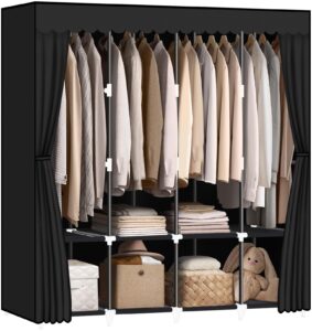 lokeme portable closet, black wardrobe closet organizer with cover, portable closets for hanging clothes 65.4x17.4x64.4 inch,4 hanging rods and shelves, large capacity for bedroom, living room