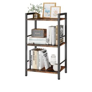 jsluiiys 3 tier bookshelf, small bookcase with 3 open shelves, short metal and wood book shelf bedside shelf for home organizer, freestanding shelf for living room bedroom dorm, rustic brown