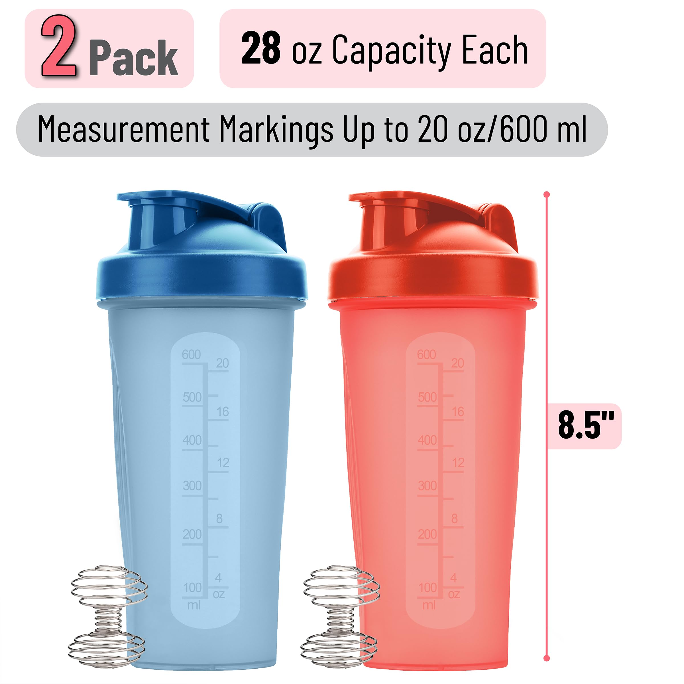 Mr. Pen- Shaker Bottles for Protein Mixes, 28 oz, 2 Pack, Red and Blue, Protein Shaker Bottle with Wire Whisk Ball, Shaker Cup, Mixer Bottle, Protein Shake Bottles, Protein Shake Bottle