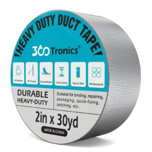 360tronics duct tape heavy duty waterproof super strong adhesive tape, multi-use silver tape for indoor & outdoor repairing, sealing, packing, diy projects, tear by hand (1-pack, 2in x 30yd)