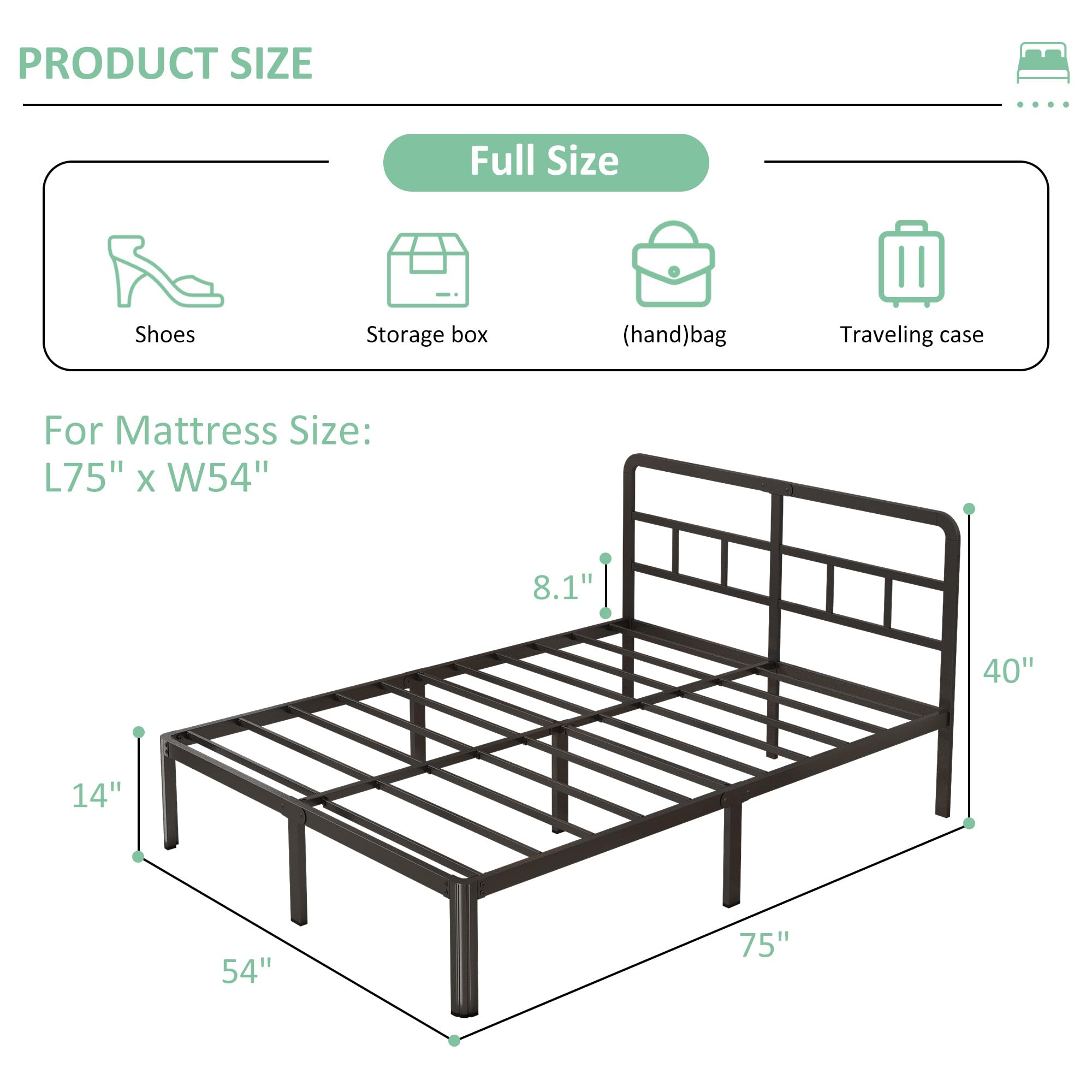 Yicensen 14 Inch Full Bed Frame with Headboard, Heavy Duty Metal Metal Full Size Platform Bed Frame No Box Spring Needed with Rounded Corner Legs, Noise Free, Easy Assembly, Black