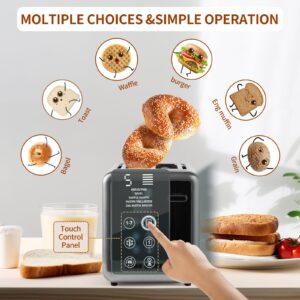 Smart Toaster Digital Tuch Screen Toaster with 5 Bread Selection 7 Shade Setting and Bagel/Defrost/Cancel/Reheat Function 1.5” 2 Slice Stainless Steel Toaster with Removable Crumb Tray