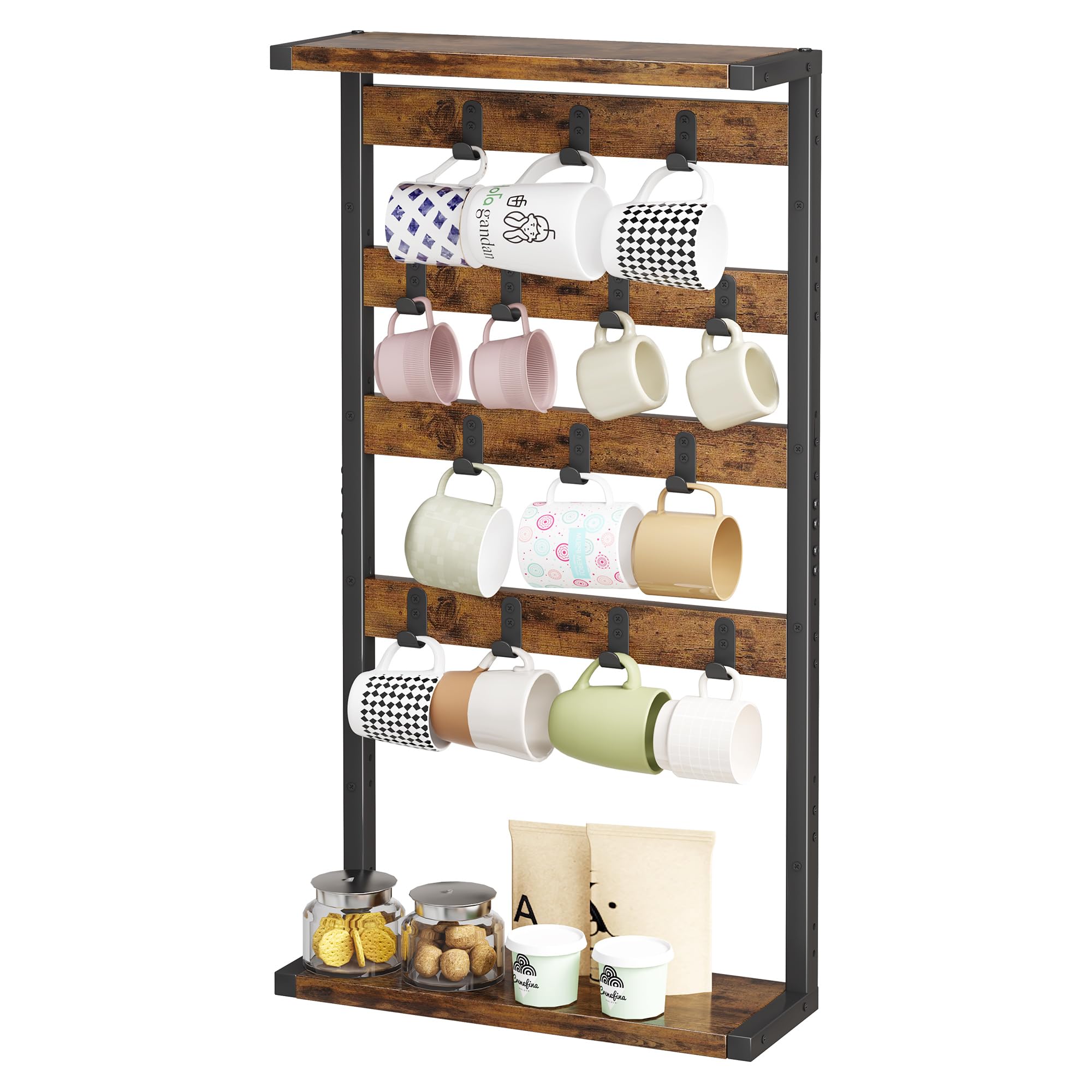 Homeiju 14-Hook Large Coffee Mug Holder for Countertop/Wall Mounted,4 Tier Coffee Cup Holder with Top & Bottom Storage Shelf,Adjustable Hook & Shelves,Mug Tree for Home Bar,Coffee Station