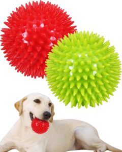 pweituoet 3.5” spike dog balls with squeaky, thicker and durable, 2 pack dog chew toys clean teeth training for puppy small medium large dogs, dog ball toys for aggressive chewers