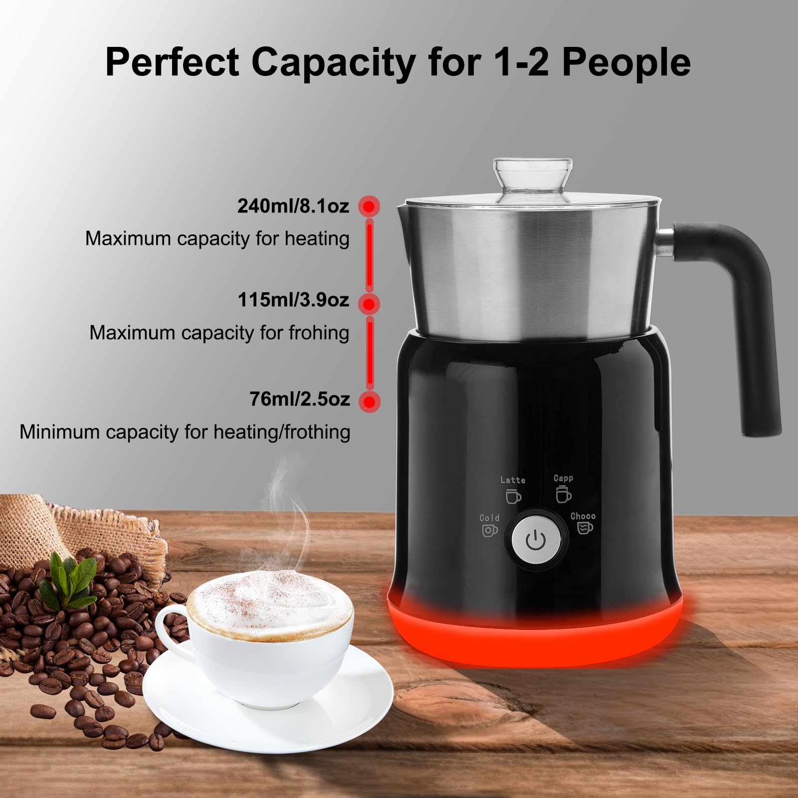 Aayujup Electric Milk Frother Steamer：4 In 1 Milk Frother Detachable Hot Chocolate Maker Cold Foam Maker Coffee Warmer Milk Steamer And Frother For Latte (Black Detachable frother)