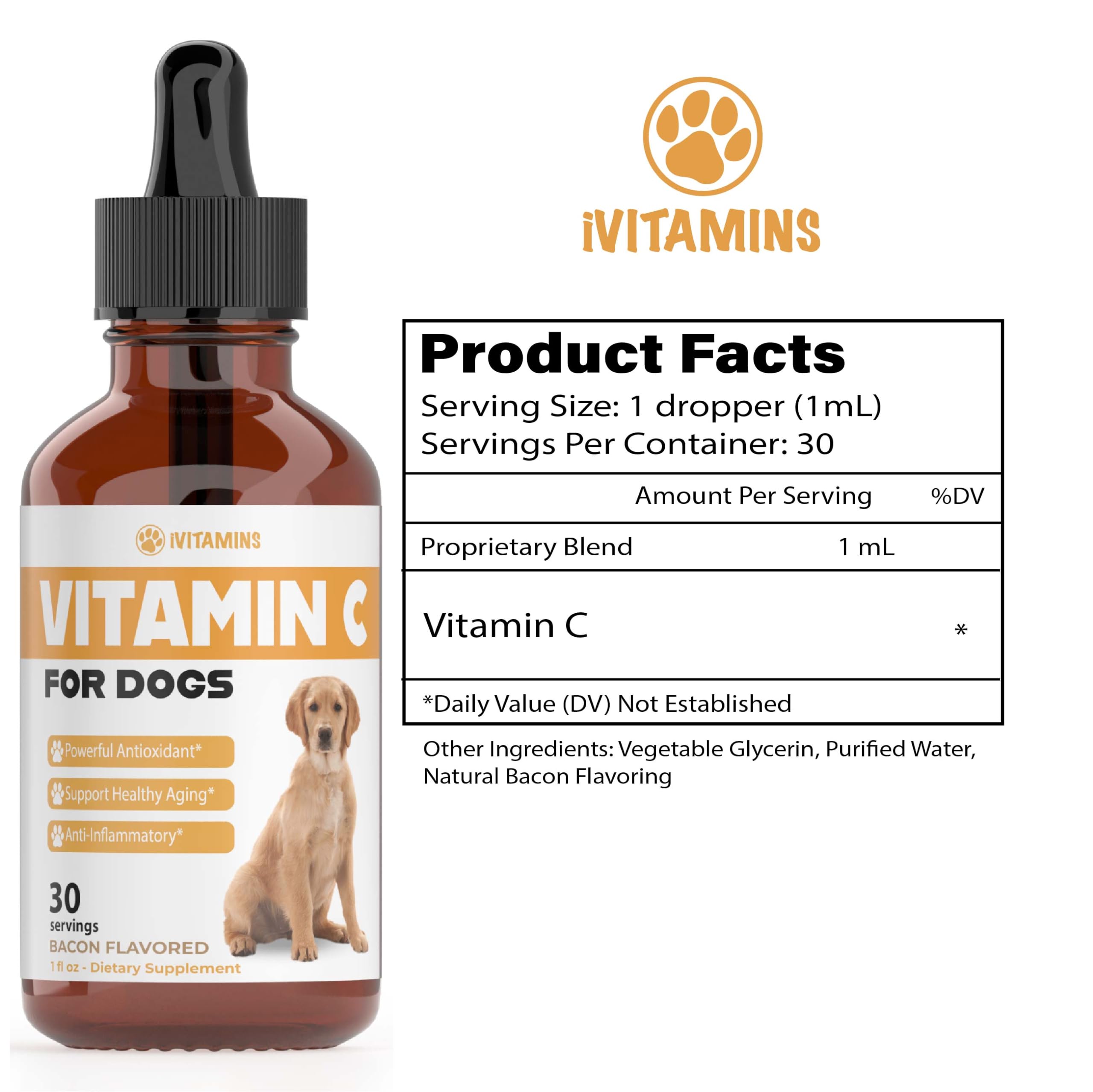 Vitamin C for Dogs | Helps with Improving Immune Health | Vitamin C for Dogs Liquid | Dog Immune Support | Dog Immune and Allergy Supplement | Dog Immune Booster | 1 oz Bacon Flavor