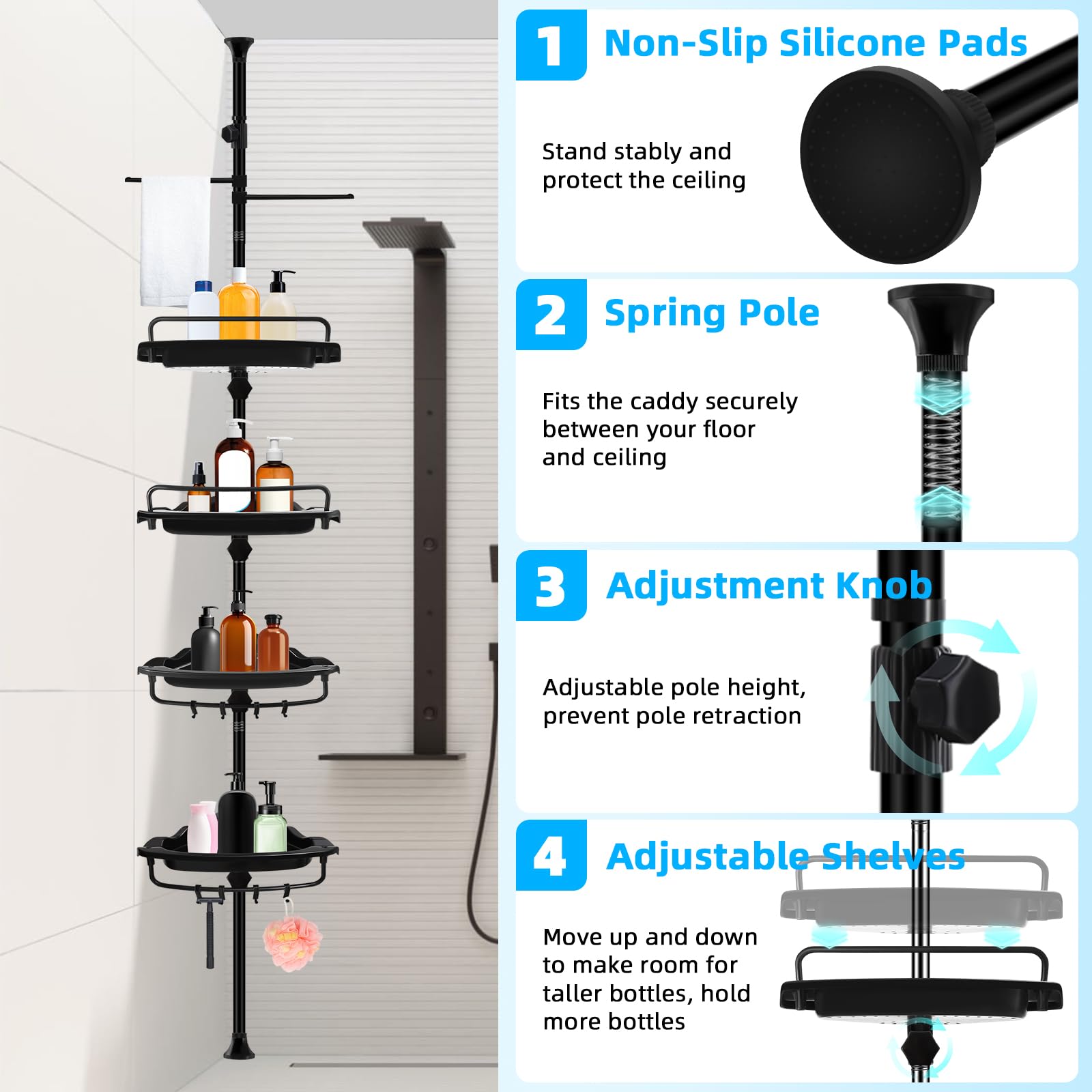 XLHOMO 32-122inch Corner Shower Caddy Tension Pole Black, Rustproof Drill-Free Shower Shelves for Bathroom Bathtub Washbasin, Adjustable Shower Organizer with 4 Tier Patent Stable Shelves & Towel Bars