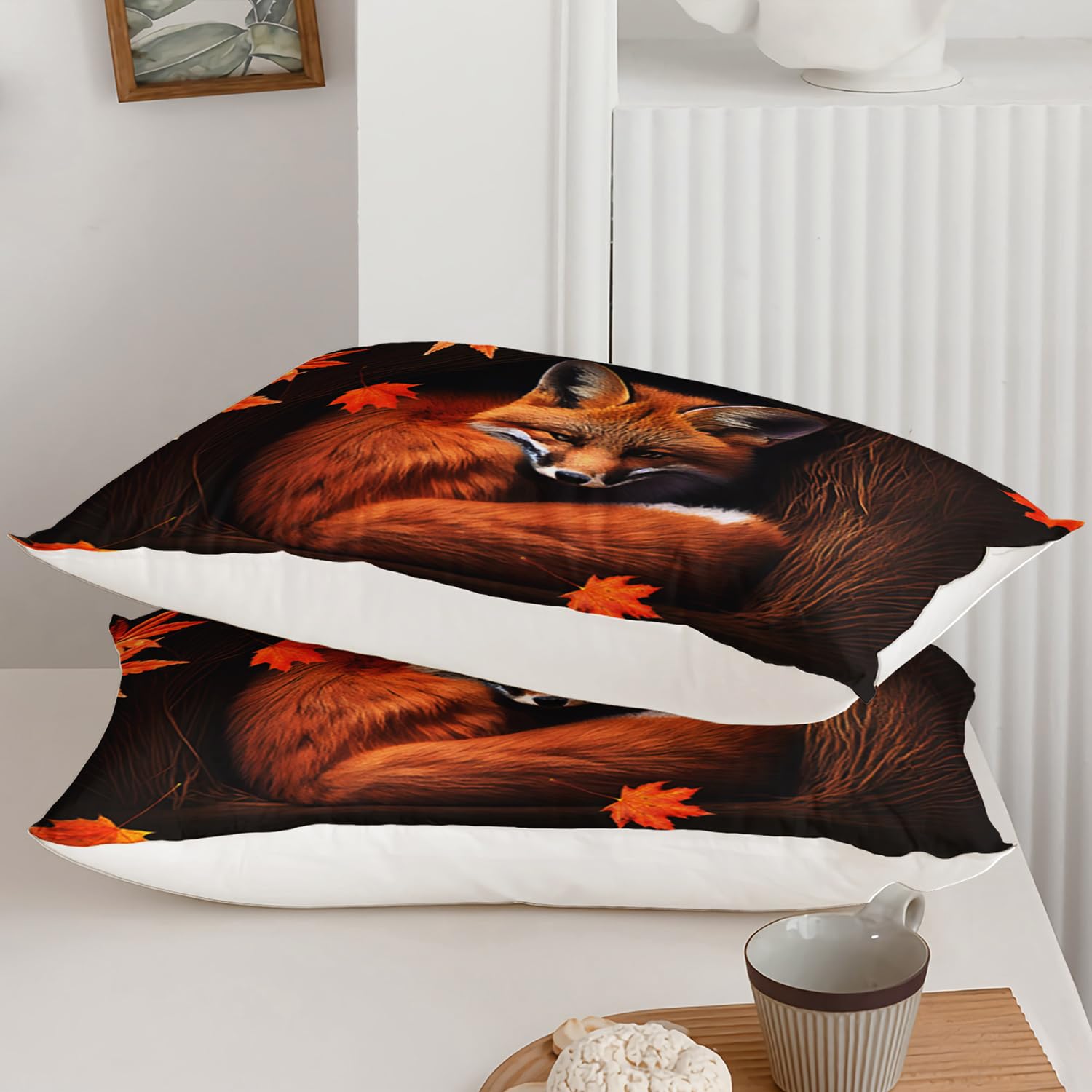 AILONEN Fox Duvet Cover Set, Twin Girls Comforter Cover Set, Orange Autumn Maple Leaves Print Bedding Set,Cute Fox Kawaii Kids Comforter Cover Set 3Pcs, 1 Quilt Cover and 2 Pillowcases(No Comforter)