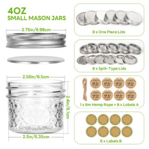 Small Mason Jars, 4oz 8 Pack Mini Mason Jars, Canning Jars With 2 Type Lids, 8 Split-Type Lids And EXTRA 8 One Piece Lids For Dessert, Honey, DIY Candle