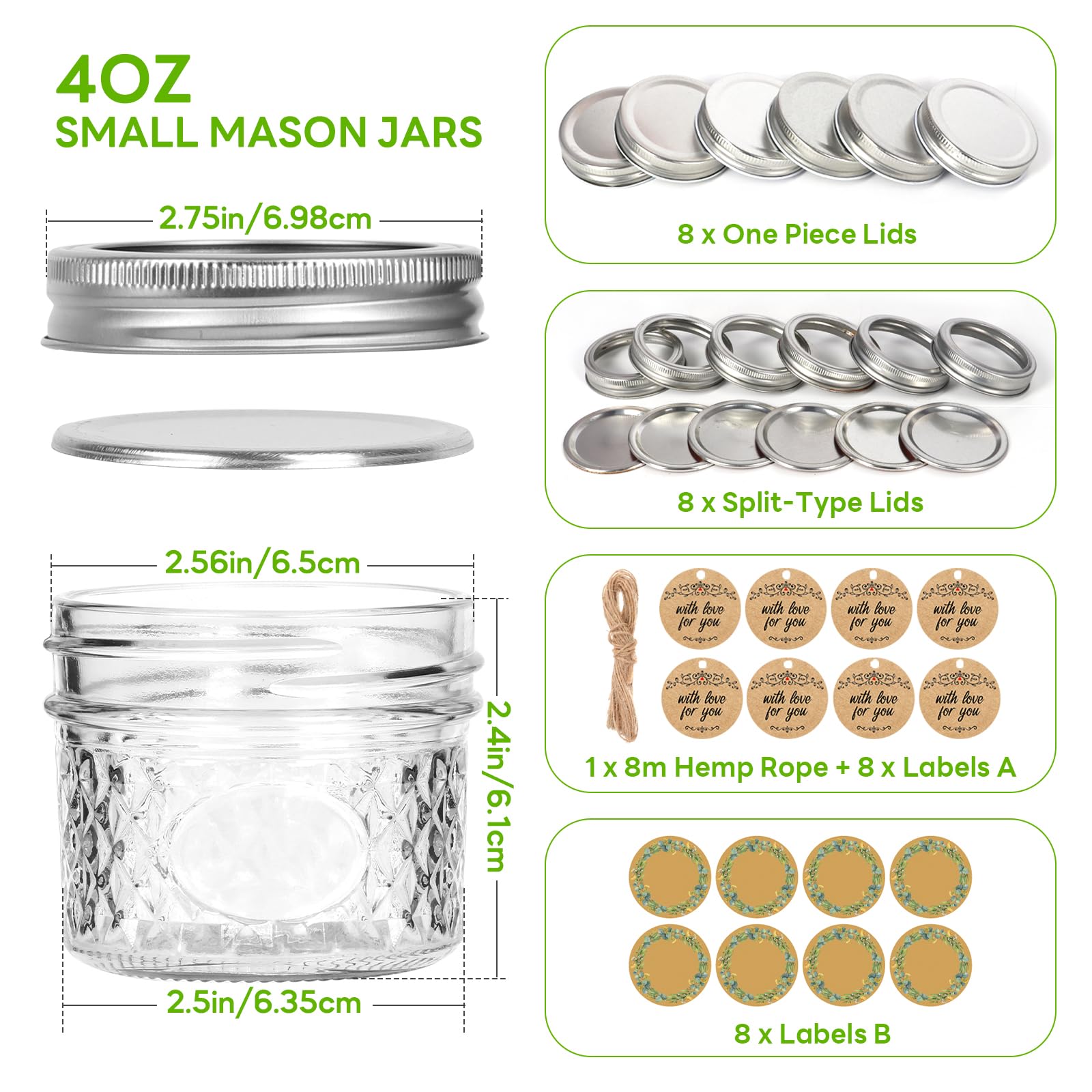 Small Mason Jars, 4oz 8 Pack Mini Mason Jars, Canning Jars With 2 Type Lids, 8 Split-Type Lids And EXTRA 8 One Piece Lids For Dessert, Honey, DIY Candle