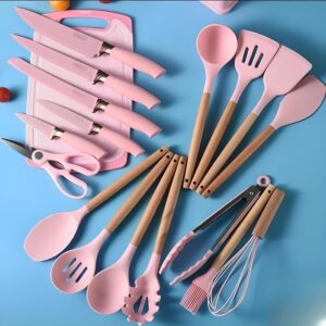 Cooking Utensils Set, 19-Piece Silicone Utensil and Knife Set with Block, Including 11 Silicone Utensils, 5 Stainless Steel Knives, Scissors, Kitchen Utensils Block and Cutting Board by ITZZO-Pink