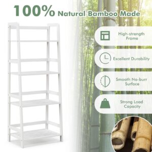 COSTWAY 4-Tier Ladder Shelf, 47.5'' Bamboo Plant Stand Rack, Freestanding Bookshelf, Multifunctional Plant Display, Storage Shelves, Flower Stand Rack Holder for Living Room Balcony, Bedroom (White)