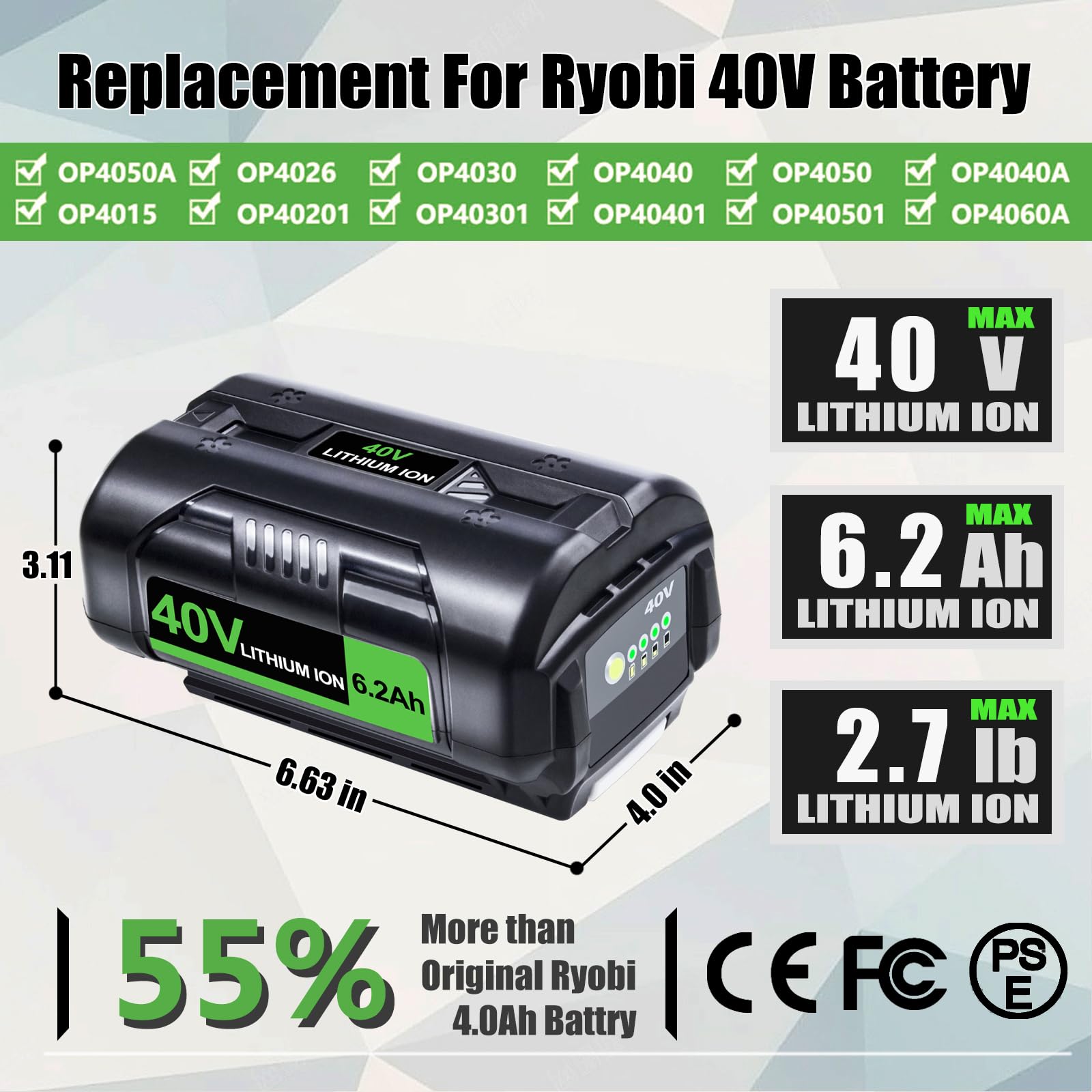 FSKE 2Pack 6.2Ah 40V Battery Replacement for Ryobi 40V Battery OP4050 OP4040 OP40601, Compatible with All Ryobi 40V Cordless Power Tools