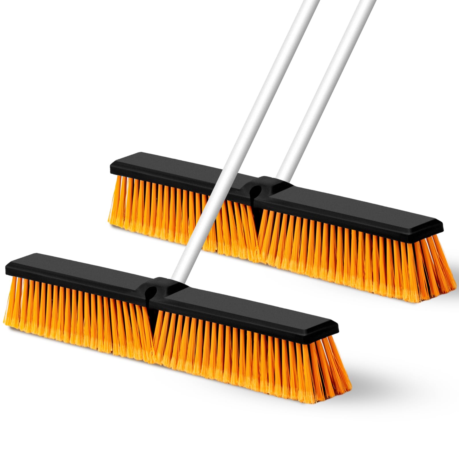 Suclain 2 Pcs Push Broom Outdoor Wide Heavy Duty Broom with Long Handle Stiff Bristles Concrete Brush Commercial for Cleaning Bathroom Kitchen Patio Garage Shop Deck Concrete Tile Floor (18 Inch)