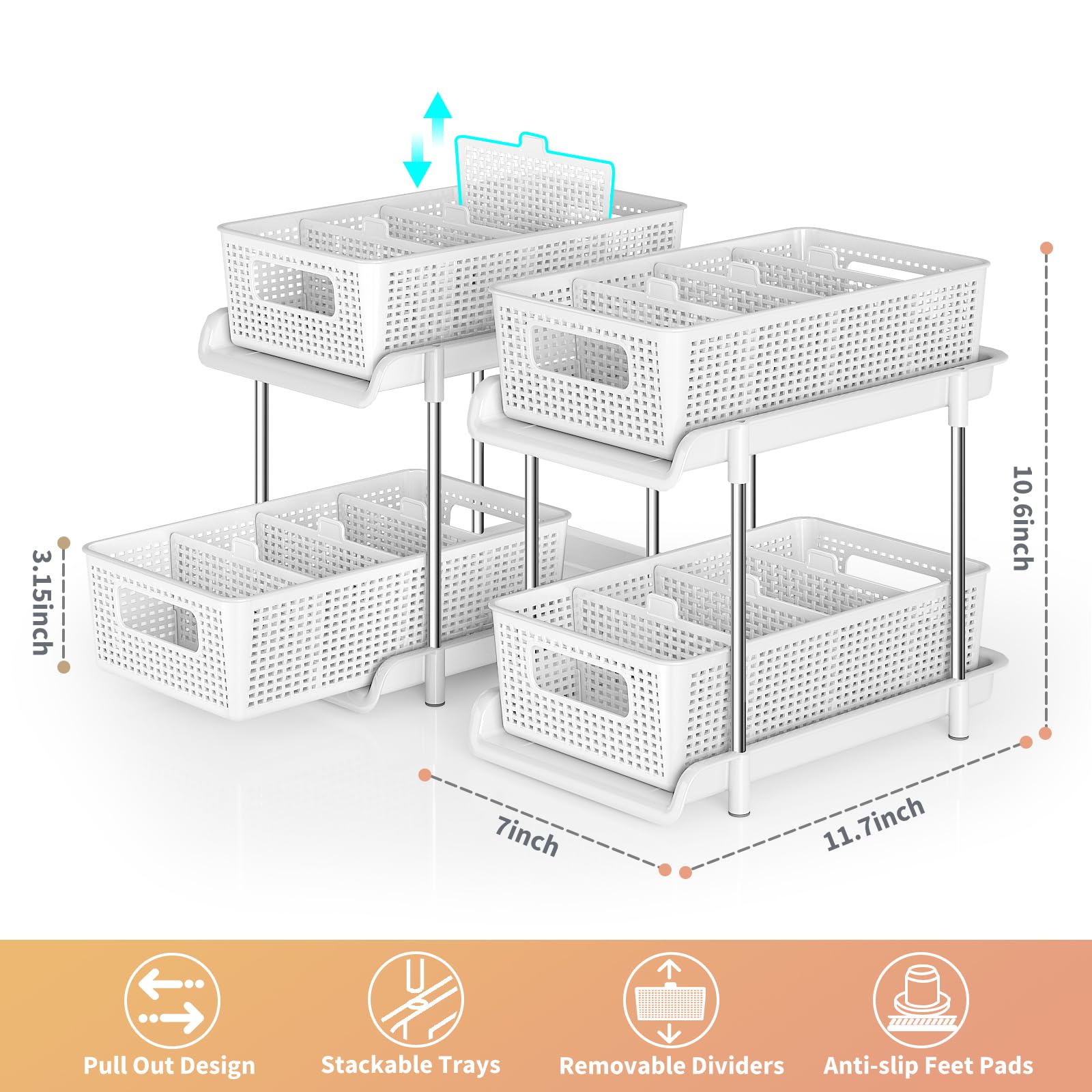 RIKOJUXI Bathroom Organizer with Dividers, 2Pcs 2 Tier Stackable Under Sink Organizers and Storage Cabinet Organizers for Bathroom Kitchen Pantry Organization and Storage, Medicine Cabinet Organizer