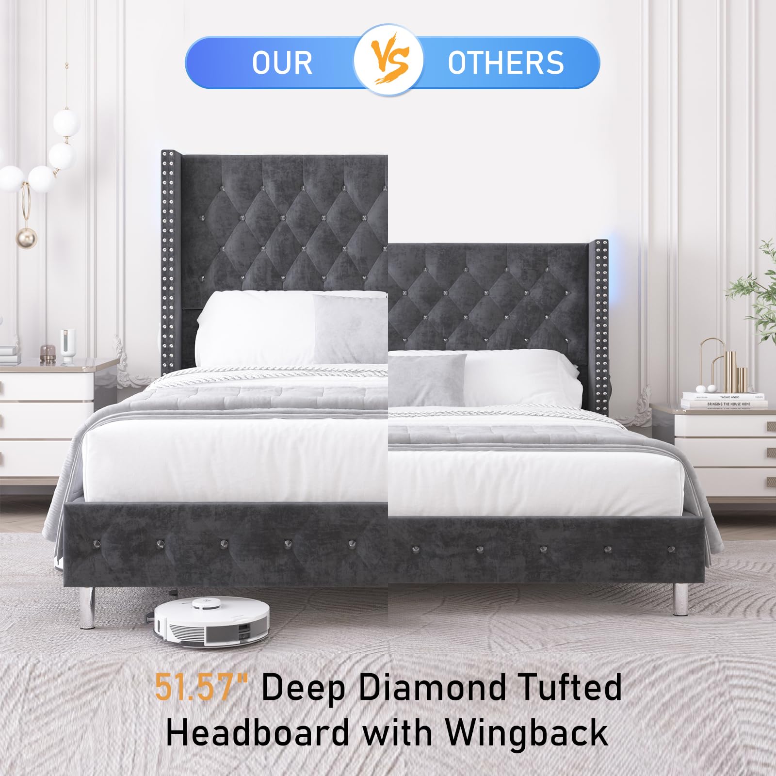 Hlivelood Queen LED Upholstered Bed Frame with Wingback Headboard, Velvet Diamond Button Tufted Bed Frame w/USB&Type-C Ports, Pocket and LED Lights, Wood Slats Support, No Box Spring Needed, Dark Grey