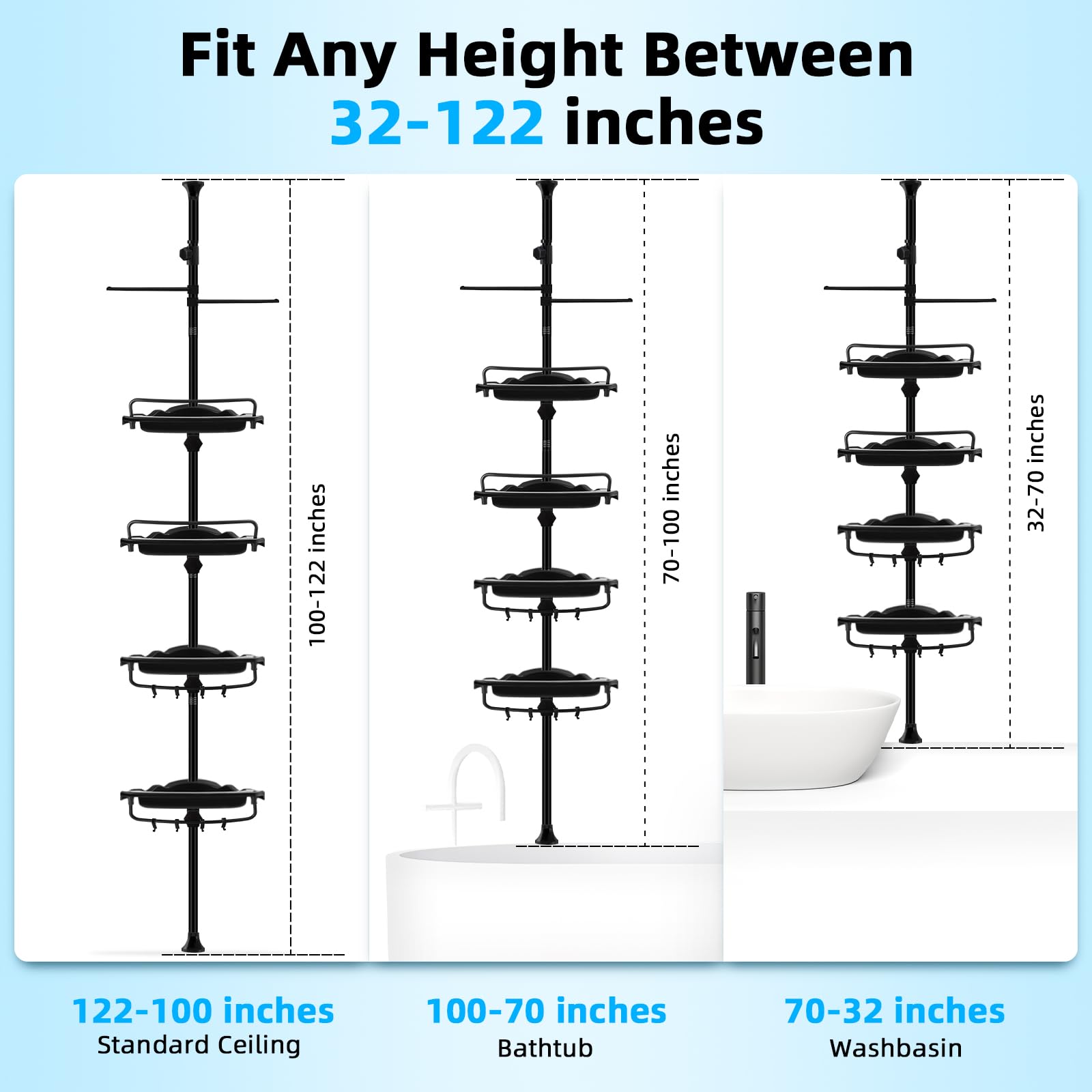 XLHOMO 32-122inch Corner Shower Caddy Tension Pole Black, Rustproof Drill-Free Shower Shelves for Bathroom Bathtub Washbasin, Adjustable Shower Organizer with 4 Tier Patent Stable Shelves & Towel Bars