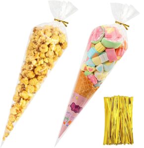 cone shaped treat bags, 100 pcs clear popcorn bags bulk 7x15 in cellophane treat bags with twist ties small triangle plastic cone bags for gift giving individual servings party favor candy snack wraps