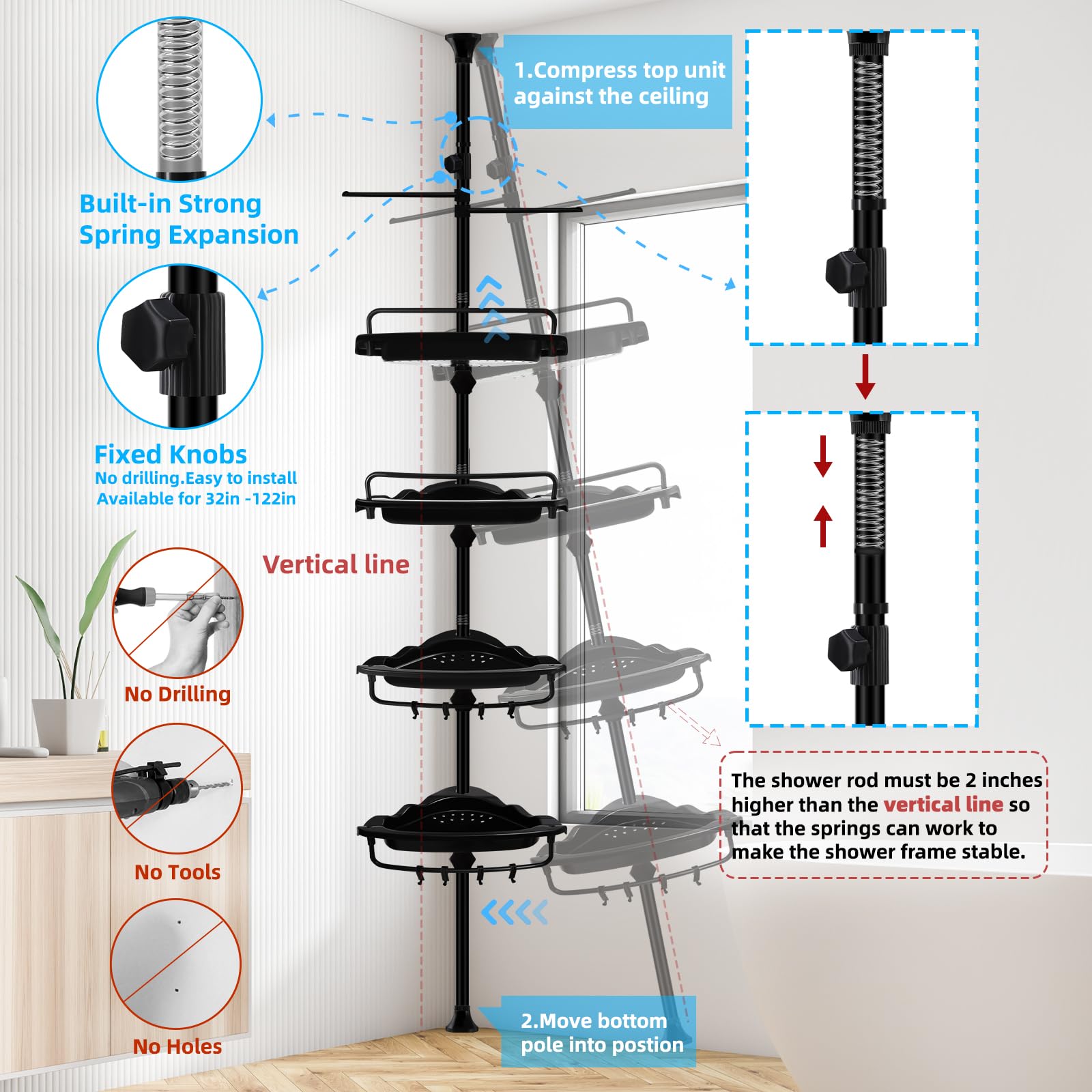 XLHOMO 32-122inch Corner Shower Caddy Tension Pole Black, Rustproof Drill-Free Shower Shelves for Bathroom Bathtub Washbasin, Adjustable Shower Organizer with 4 Tier Patent Stable Shelves & Towel Bars