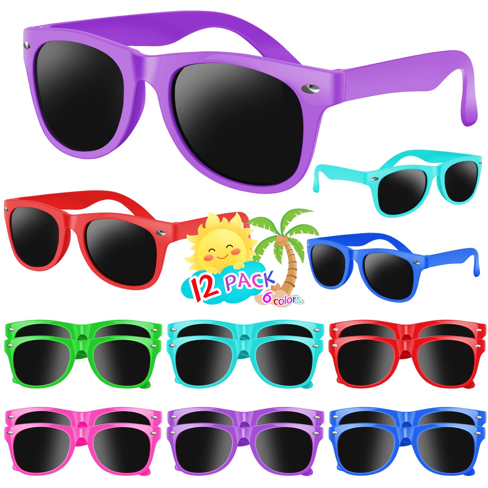 Kids Sunglasses Party Favors, 12 Pack Sunglasses Bulk for Kids with UV400 Protection in Bulk for Boys and Girls, Great Gift for Birthday Graduation Party Supplies, Beach, Pool Party Favors, Fun Gift