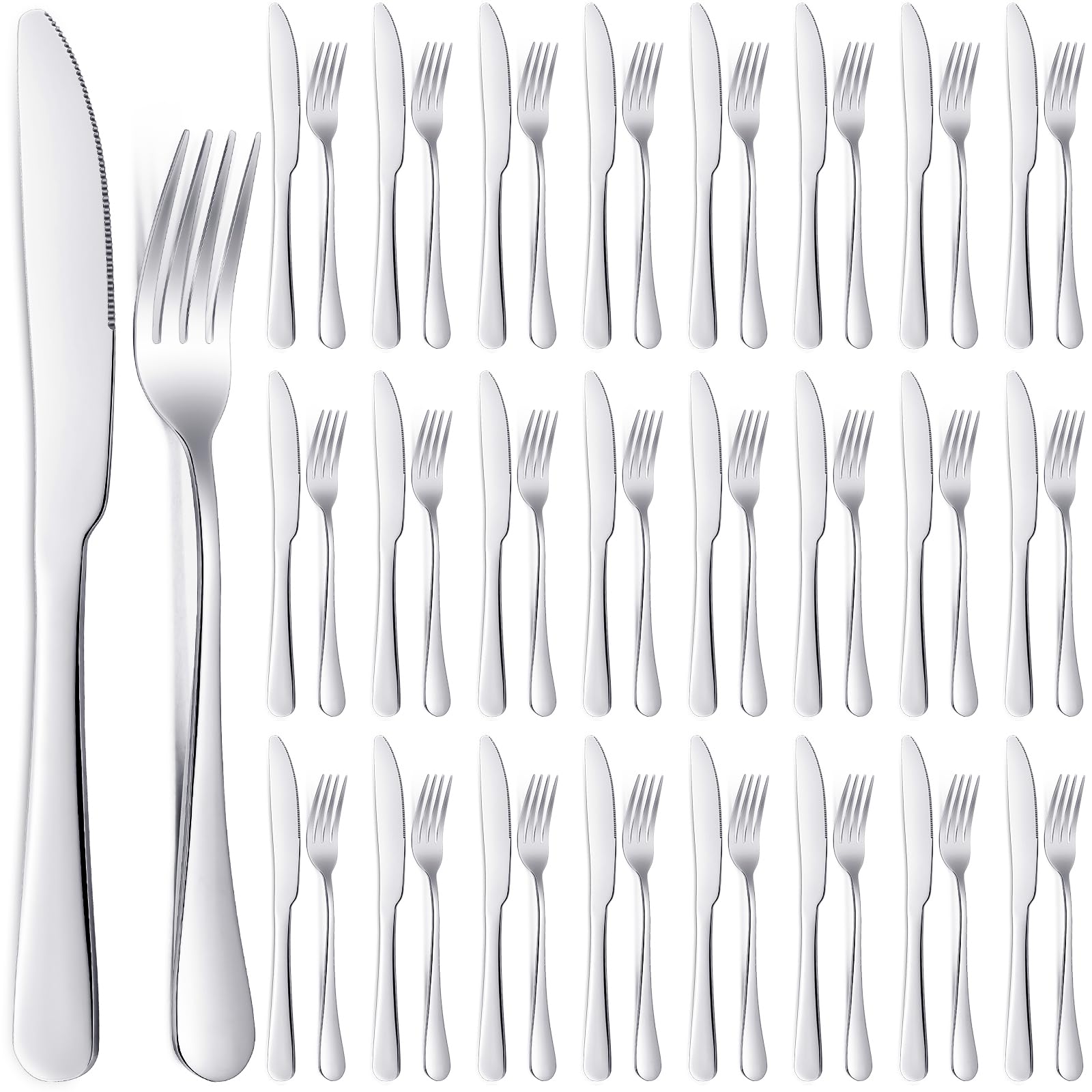 Nuenen 50 Pieces Stainless Steel Forks Silverware Set, Dinner Forks and Knives Flatware Set Christmas Tableware Cutlery Set for Kitchen Restaurant(8.07 x 0.94 Inch, 9.06 x 0.79 Inch,Shiny Silver)