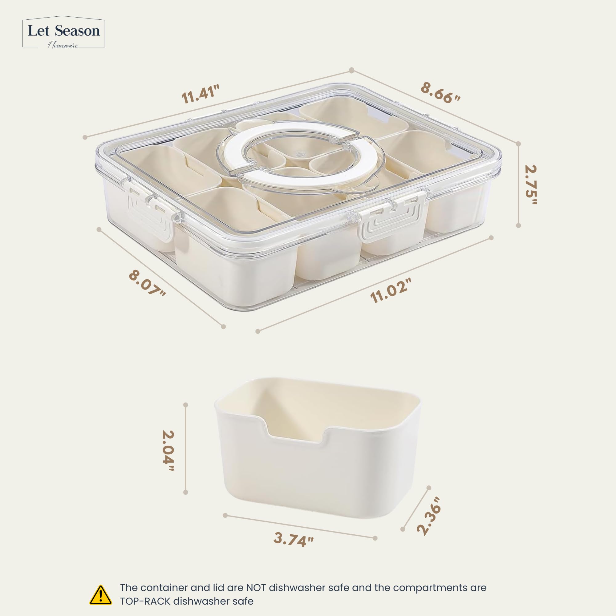 Divided Serving Tray with Lid & Handle - Portable Snackle Box Charcuterie Container for Snack Platters - 8 Compartments Snack Boxes for Candy, Fruits, Nuts - Perfect for Party, Entertaining