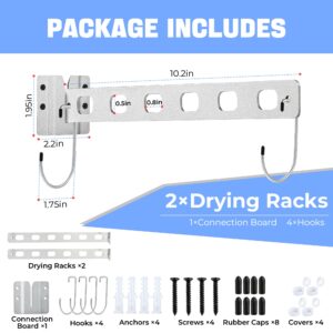 MAGTSMEI 2 Packs Clothes Drying Rack Wall Mounted, Removable Drying Racks for Laundry Room Closet Balcony, Clothes Hanger Holder with 4 Hooks Heavy Duty Drying Rack Space Saving Matte Silver