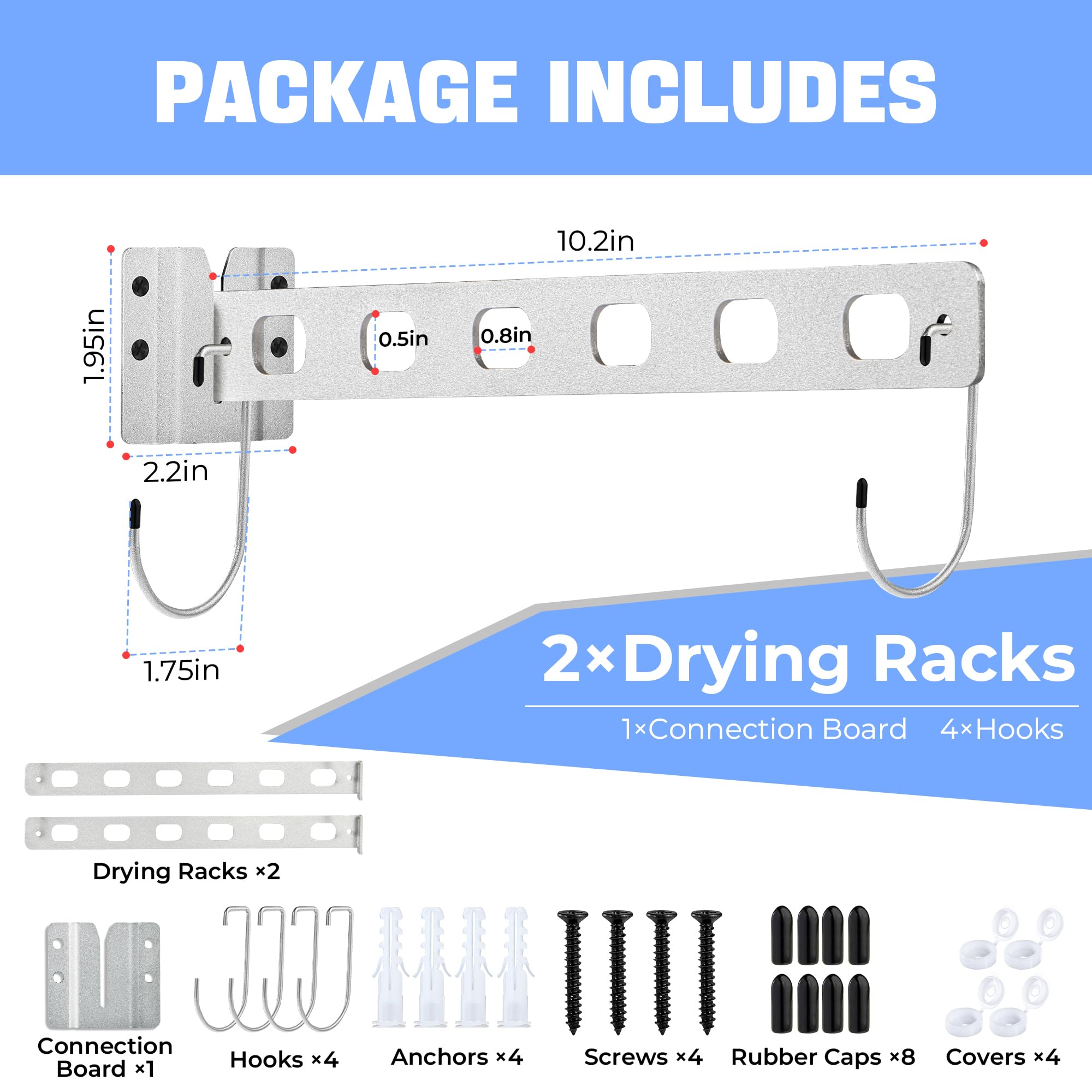 MAGTSMEI 2 Packs Clothes Drying Rack Wall Mounted, Removable Drying Racks for Laundry Room Closet Balcony, Clothes Hanger Holder with 4 Hooks Heavy Duty Drying Rack Space Saving Matte Silver