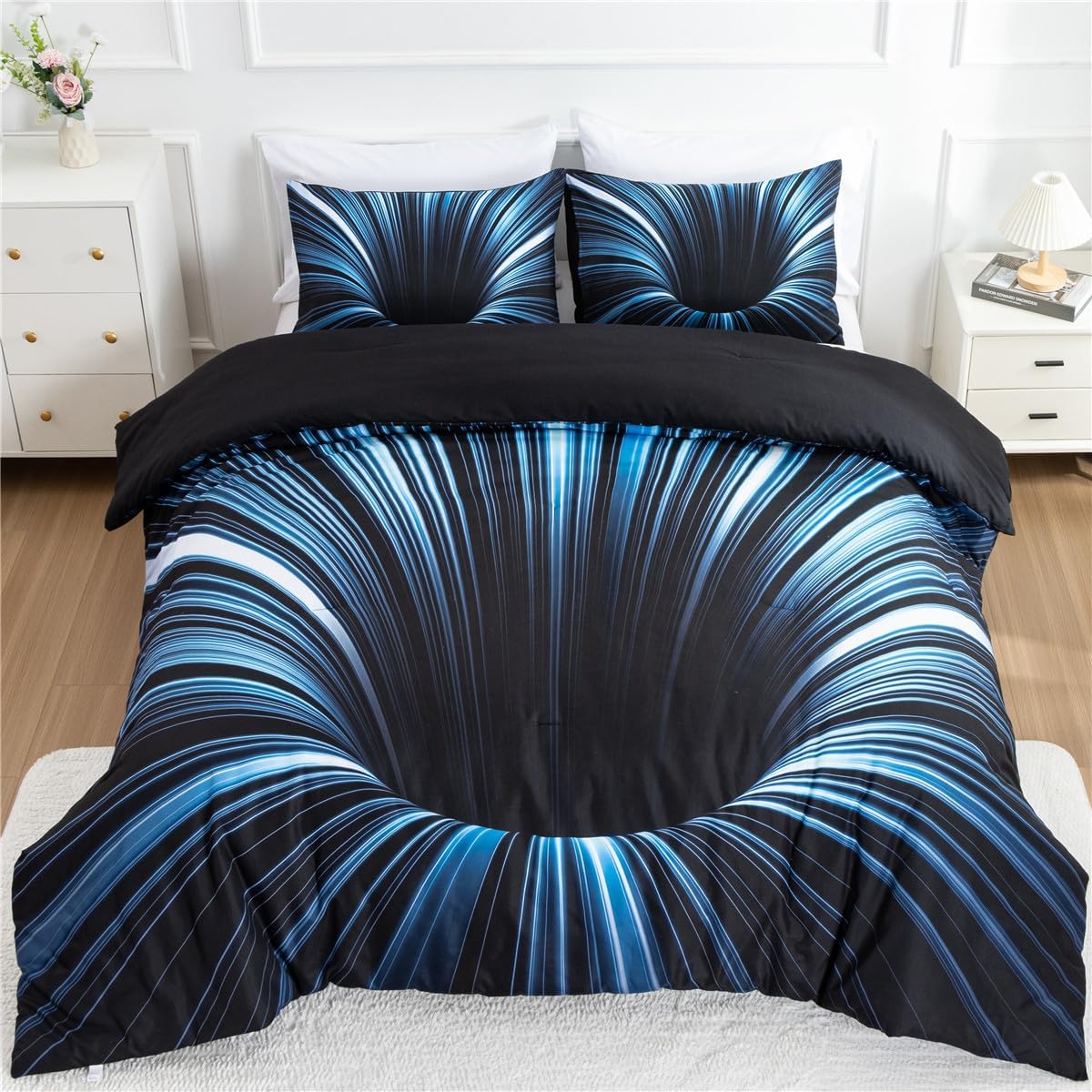 NTBED 3D Abstract Geometric Comforter Set Line Printed Microfiber Bedding Sets for Kids Boys Teens,Blue Twin