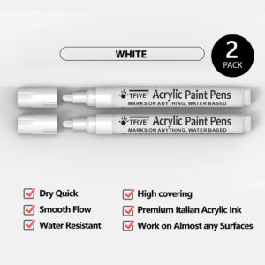 TFIVE White Paint Marker Paint Pens - 2 Pack Acrylic Permanent Marker, 2-3mm Medium Tip, Paint Pen for Art Projects, Drawing, Rock Painting, Ceramic, Glass, Wood, Plastic, Metal, Canvas DIY Crafts