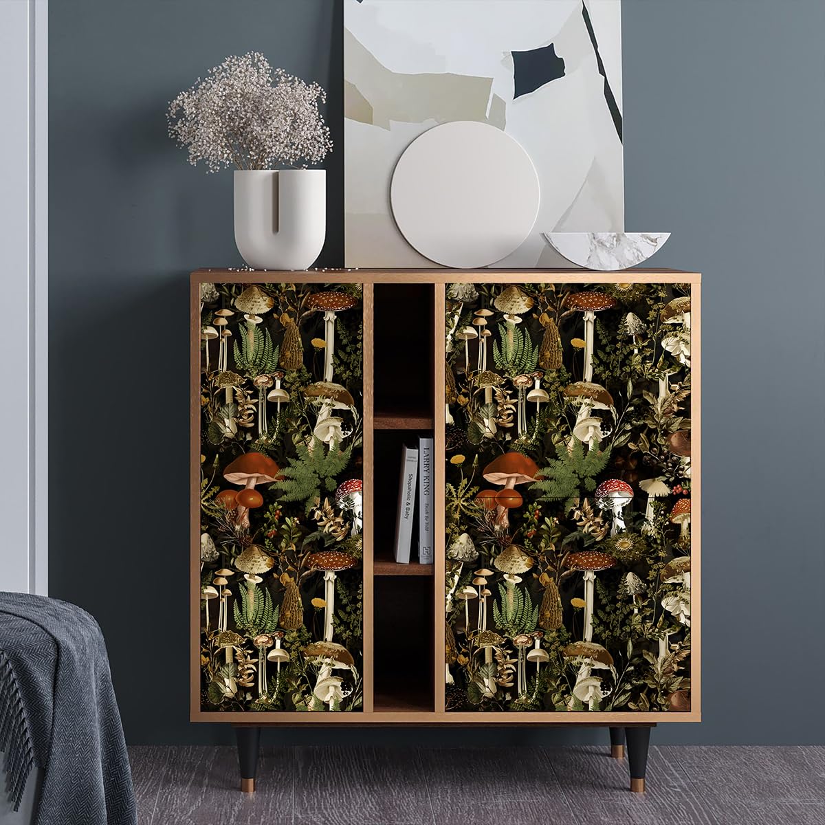 Jeweluck Floral Peel and Stick Wallpaper Mushroom Contact Paper 17.7 in x 9.8 ft Flower Removable Wallpaper Peel and Stick Forest Wallpaper Stick on Wallpaper for Bathroom Black Decorative Vinyl