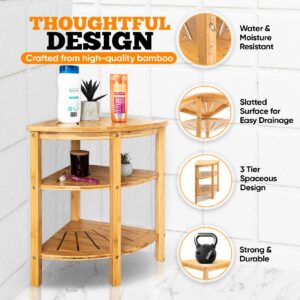 Cosy Kozy Multifunctional 3 Tier Bamboo Waterproof Corner Shower Bench with Storage Shelf - Corner Shower Stool for Inside Shower for Shaving Legs