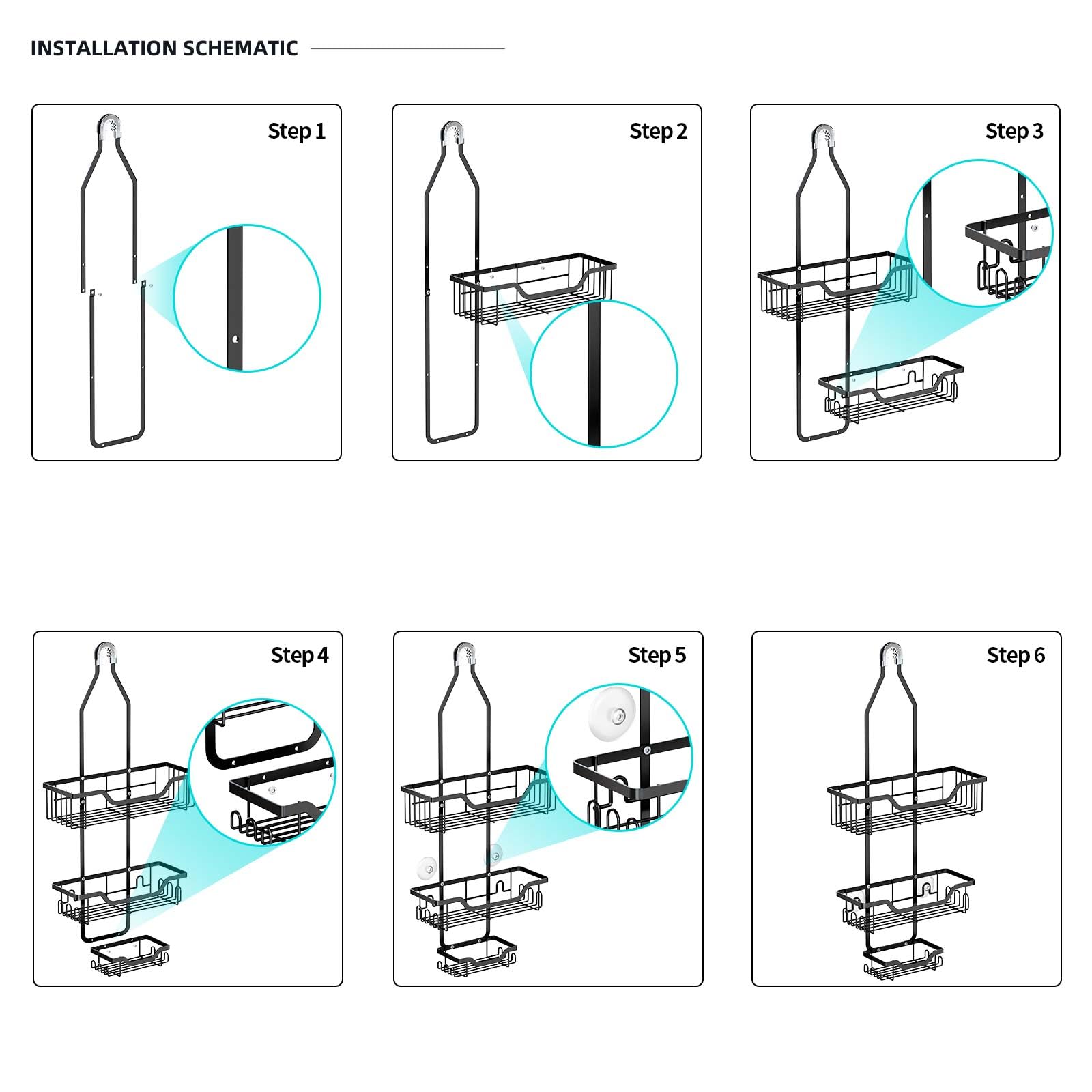 Singolas Shower Caddy Hanging, Over the Shower Head Caddy Organizer with 12 Hooks for Razor and Sponge, Anti-Swing, Rustproof Bathroom Organizers and Storage Hanging Shower Organizer Bathroom Shelves