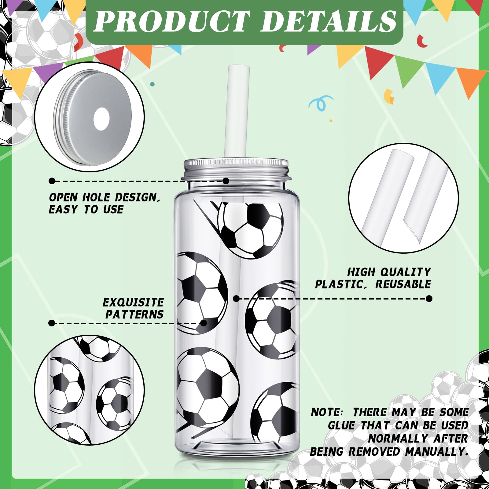 Domensi 24 Pack Cups 14.2 oz Plastic Tumbler with Lid and Straw Clear Reusable Cups with Lids and Straws Cups for Birthday Sports Themed Party Supplies(Soccer)