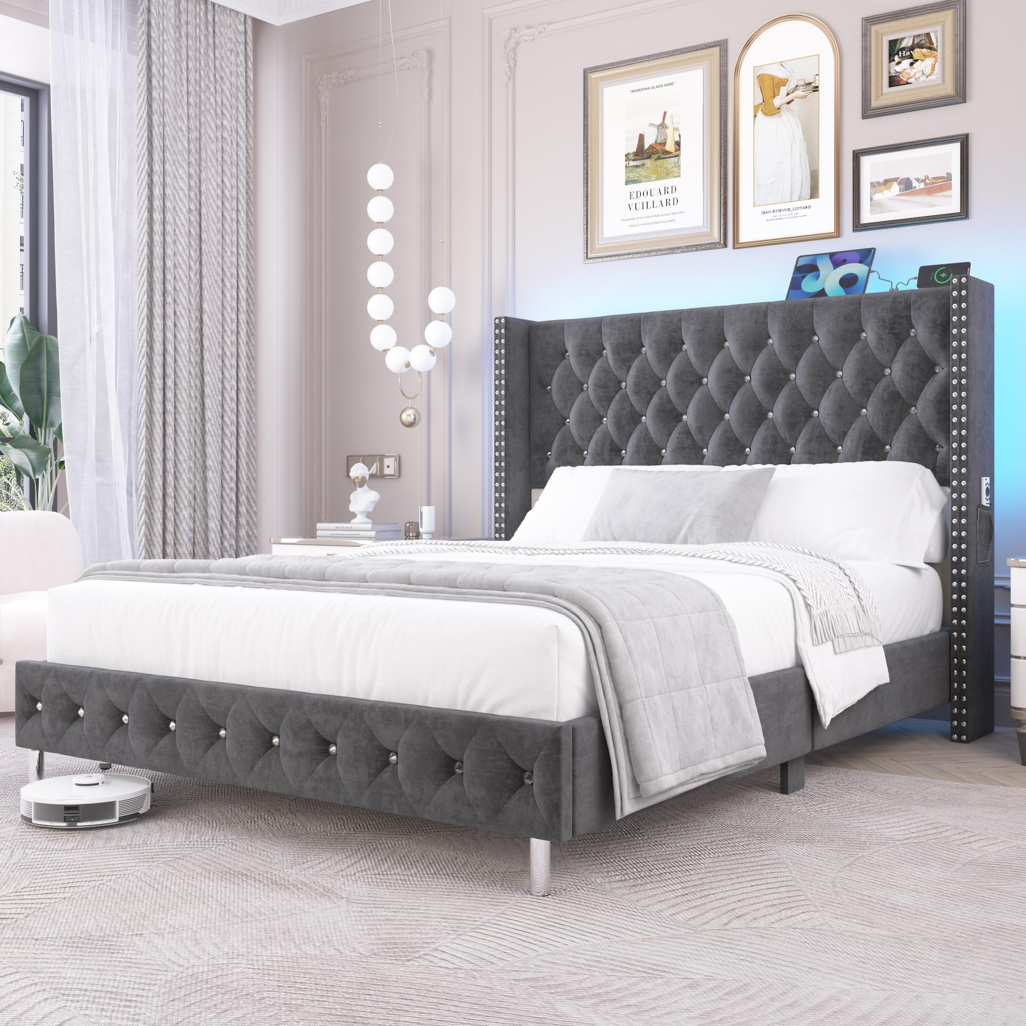 Hlivelood Queen LED Upholstered Bed Frame with Wingback Headboard, Velvet Diamond Button Tufted Bed Frame w/USB&Type-C Ports, Pocket and LED Lights, Wood Slats Support, No Box Spring Needed, Dark Grey